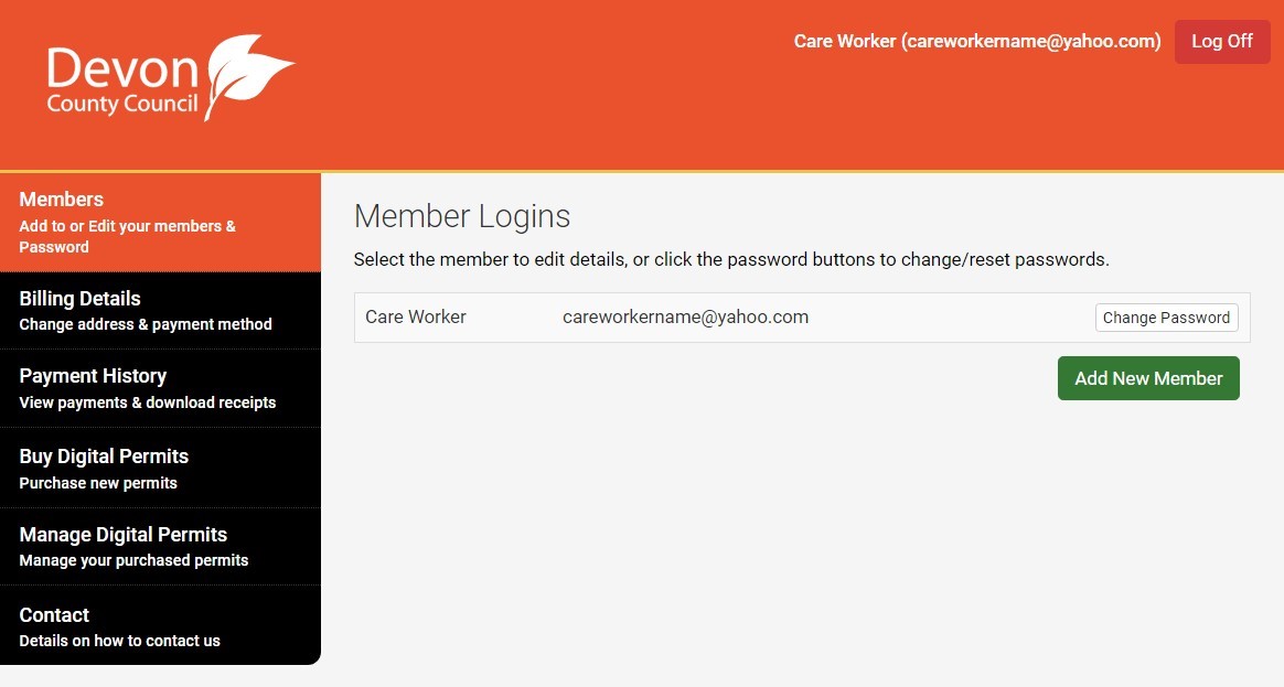 Screenshot of MiPermit member logins showing who can access the account with the option to add a new member