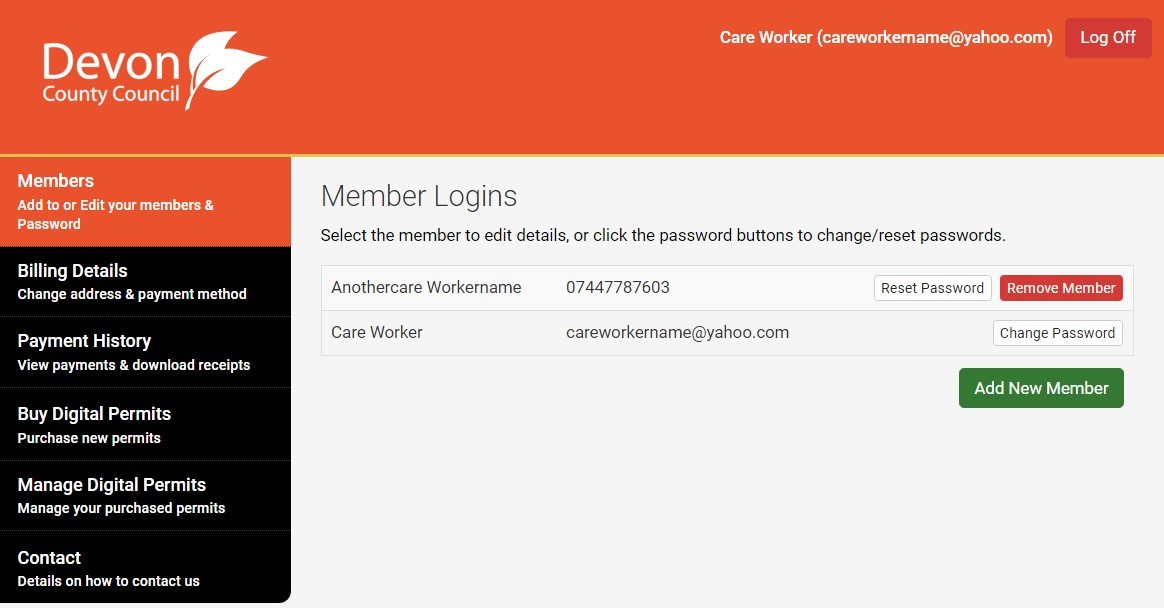 Screenshot of MiPermit member logins showing who can access the account with the option to add a new member