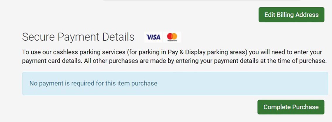 Screenshot of MiPermit payment details page with notice that no payment is required for item purchase