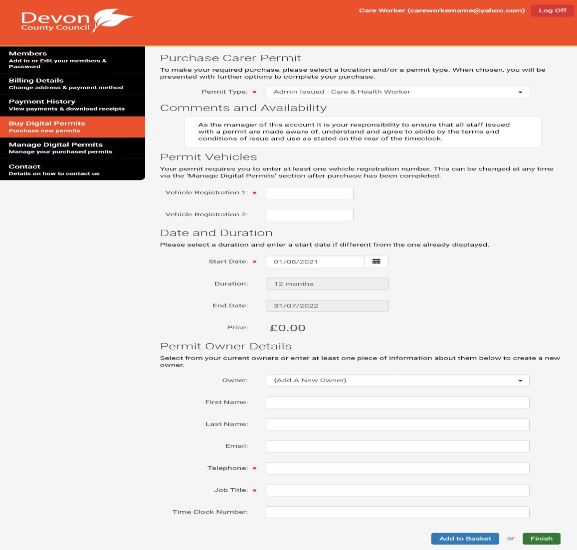 Screenshot of the MiPermit purchase carer permit.  It shows the fields listed below in the text that need to be completed.
