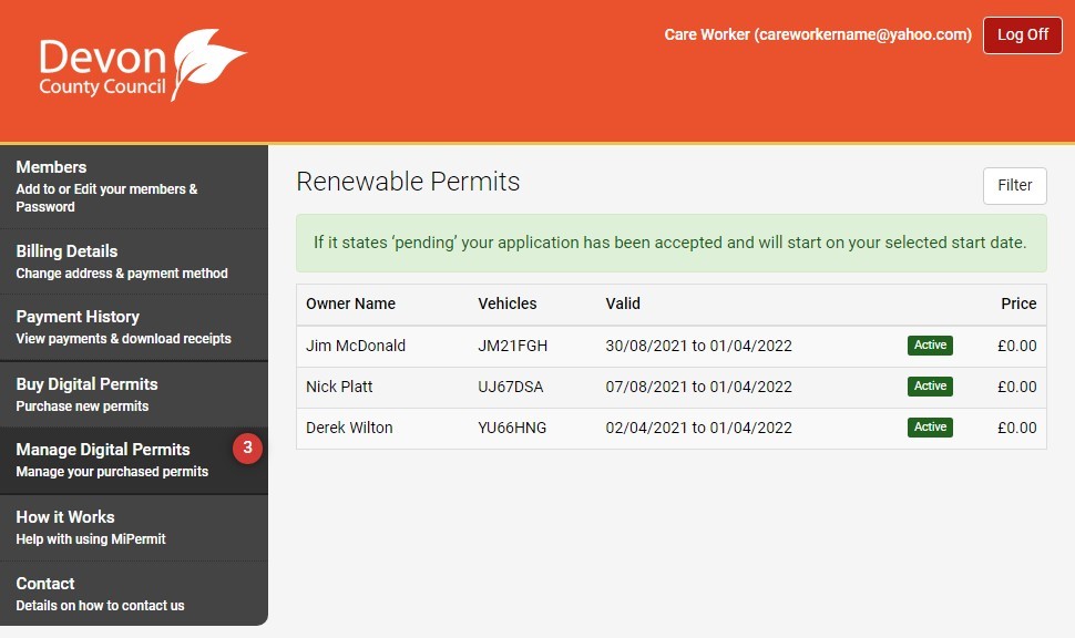 Screenshot of the MiPermit system showing the renewable permits screen and which permits need renewing.