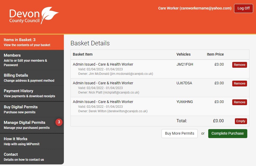 Screenshot of the MiPermit screen with three permits in the basket.  Has the option to buy more permits or complete purchase.  It also shows that there are three digital permits to manage.