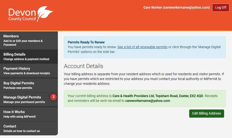 Screenshot of the MiPermit system menu to manage digital permits showing that you have permits ready to renew and your account details with address and email address.