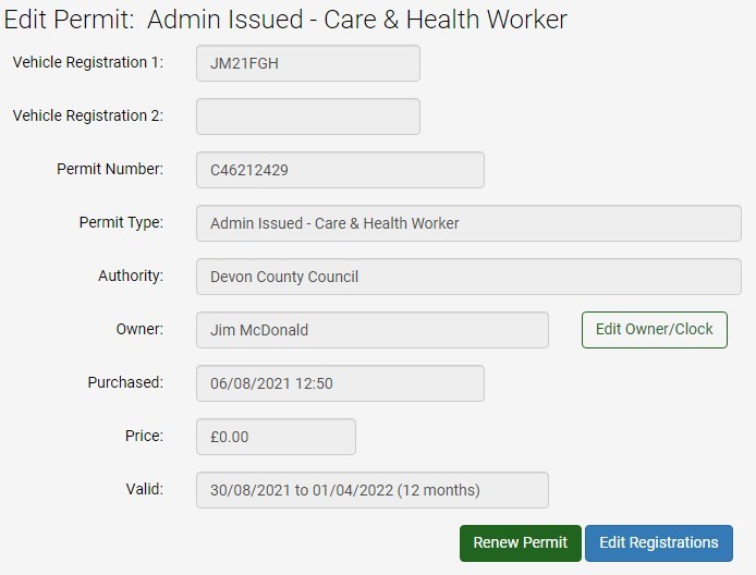 Screenshot of the MiPermit screen to check and renew a particular permit. 