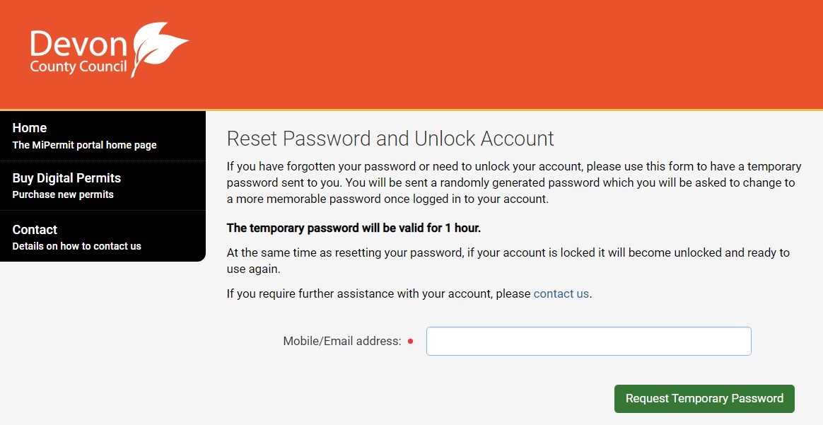 Screenshot of MiPermit reset password and unlock account page with request a temporary password button.