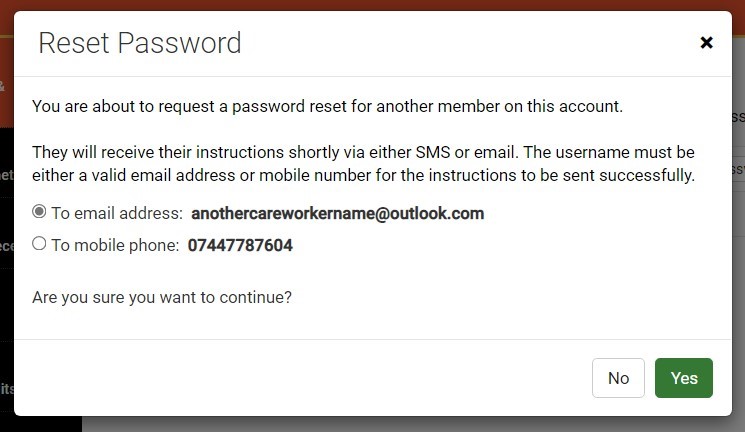 Screenshot of MiPermit reset password screen that occurs when another member requests a password reset for another and asks if it should be sent to email or mobile.