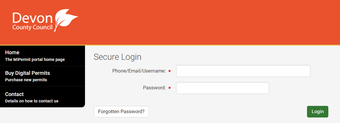 Screenshot of MiPermit login page, with forgotten password button