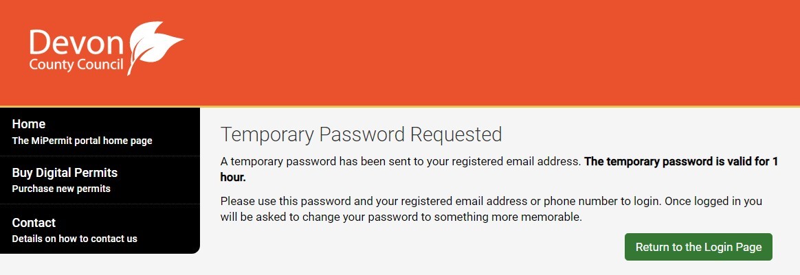 Screenshot of MiPermit temporary password requested screen with return to the login page button