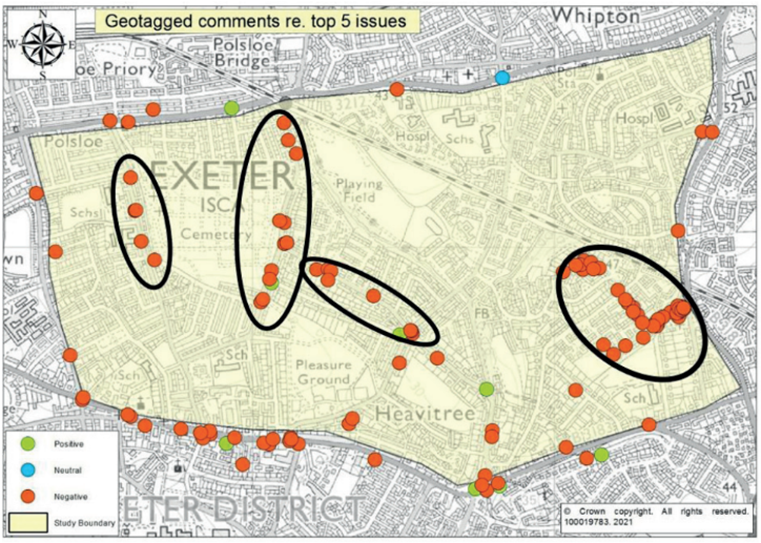Map showing top 5 negatively perceived issues. Several clusters where issues were most frequently reported, approximately corresponding to: Ladysmith Road, Hamlin Lane, Sweetbrier Lane and Thornpark Rise. 