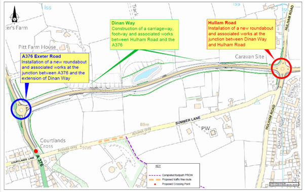 Map showing the three stages of works 
A376 Exeter Road - Installation of a new roundabout and associated works at the junction between the A376 and the extension of Dinan Way

Dinan Way - Construction of a carriageway, footway, and associated works between Hulham Road and the A376

 outlined in the previous text