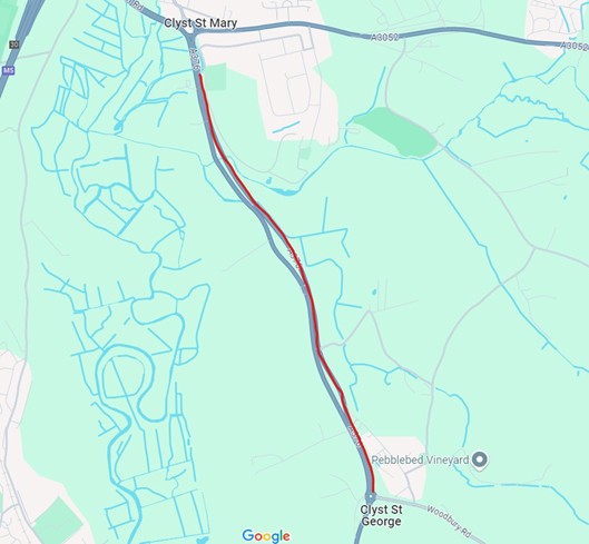 A map shows the closure of the southbound lane of the A376 Exmouth road from the Clyst St Mary roundabout to the Clyst St George roundabout. Approximately 2.2 kilometres.