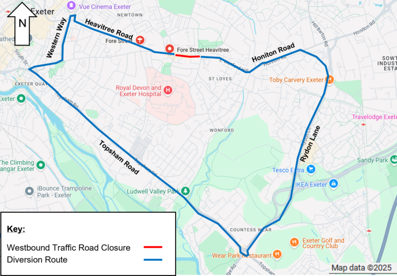Map showing the diversion route for westbound traffic along Honiton Road, Rydon Lane, Topsham Road and Western Way. 