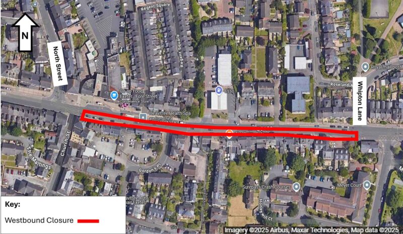 Map showing the road closure for westbound traffic on Heavitree Fore St between Whipton Lane and North Street. 