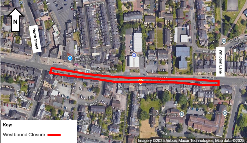 Map showing the road closure for westbound traffic on Heavitree Fore St between Whipton Lane and North Street. 