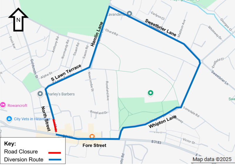 Map showing the diversion route for the North Street road closure