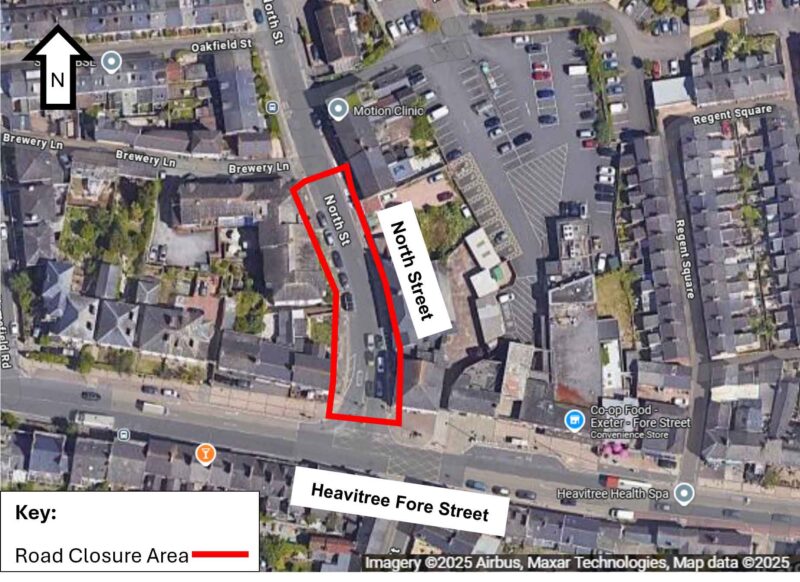 Map showing the North Street road closure area between Heavitree Fore Street and Brewery Lane
