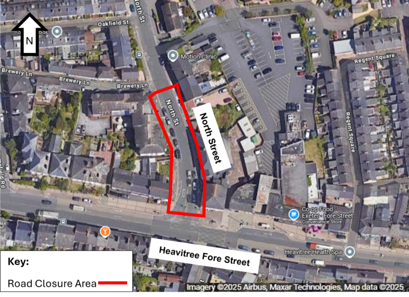 Map showing the North Street road closure area between Heavitree Fore Street and Brewery Lane