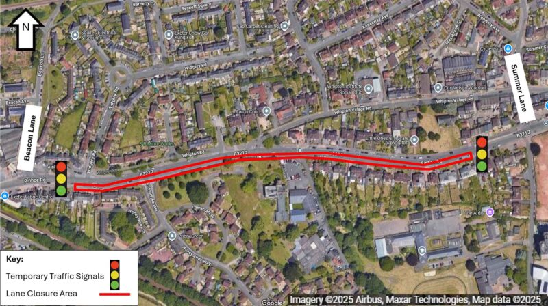 Pinhoe Road Lane Closure Map showing the westbound lane closure between Summer Lane and Beacon lane
