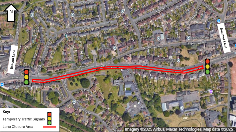 Pinhoe Road Lane Closure Map showing the westbound lane closure between Summer Lane and Beacon lane