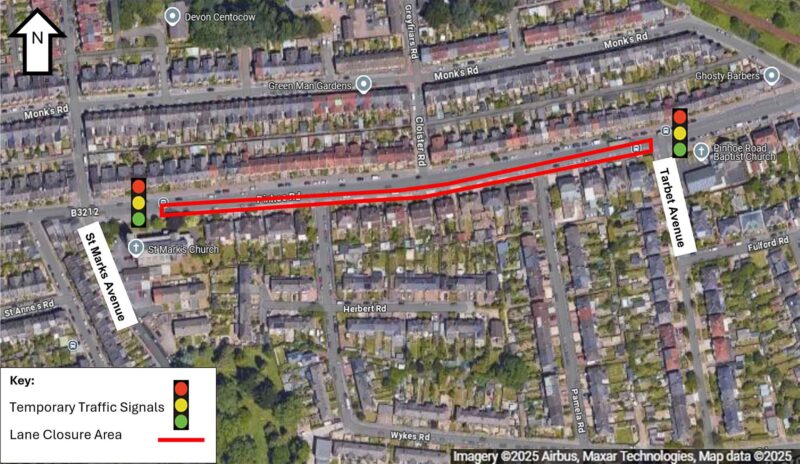 Pinhoe Road Lane Closure Map showing westbound lane closure on Pinhoe Road between Tarbet Avenue and St Marks Avenue