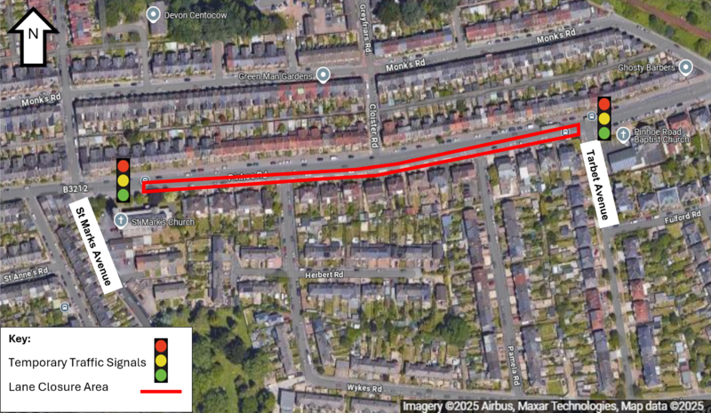 Pinhoe Road Lane Closure Map showing westbound lane closure on Pinhoe Road between Tarbet Avenue and St Marks Avenue