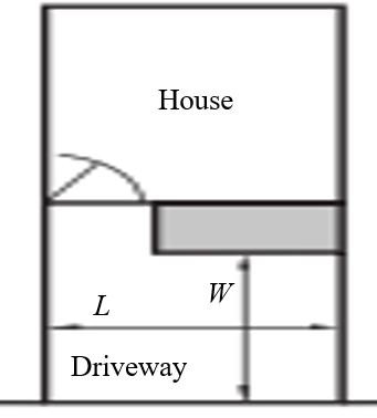 A plan view of a domestic residence. The driveway is in front of the house but parallel to it. There is a gap between the drive and the house allowing access to both sides of the car.