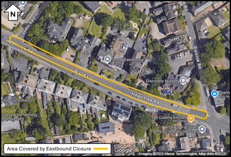 A satellite image showing the area of Heavitree Road between Grendon Road and Polsloe Road / Barrack Road impacted by the eastbound lane closures.
