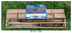 Image of a borehole core showing ground at 3 - 5 metres depth.