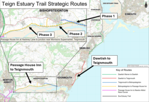Image showing Teign estuary trail map with the different phases highlighted including phase 3 between Passage House Inn and Bishopsteignton on the Western end of the route.