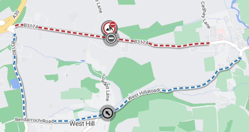 This map shows the the B3174 which is closed from 15 Monday 15 June to Saturday 20 June