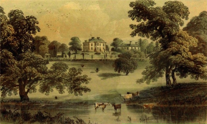 Painting of Stover House in 1773 with estate gardens and cattle roaming