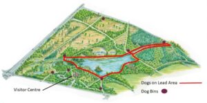 A map image that indicates the area that dogs must be kept on a lead as well as the locations of dog bins