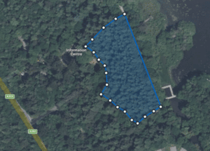 Map showing the exact location of the 0.85ha Douglas Fir plantation between the visitor centre and lake.