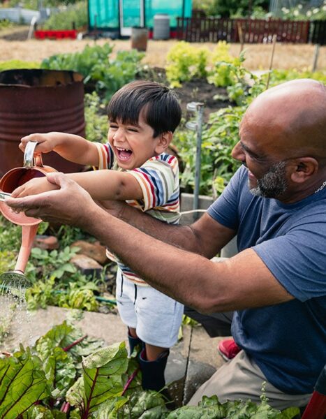 A young boy helping his grandad water plants in an allotment