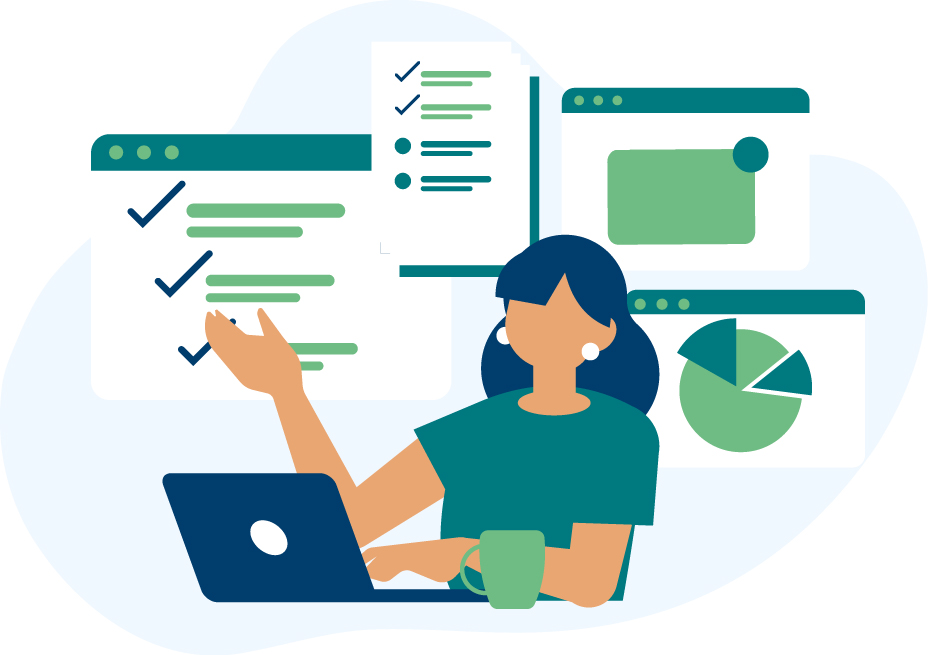 Illustration of a woman sitting at a desk with a laptop and coffee cup, gesturing toward large checklists, charts, and windows displayed behind her. The visuals suggest project management, task tracking, or data analysis.