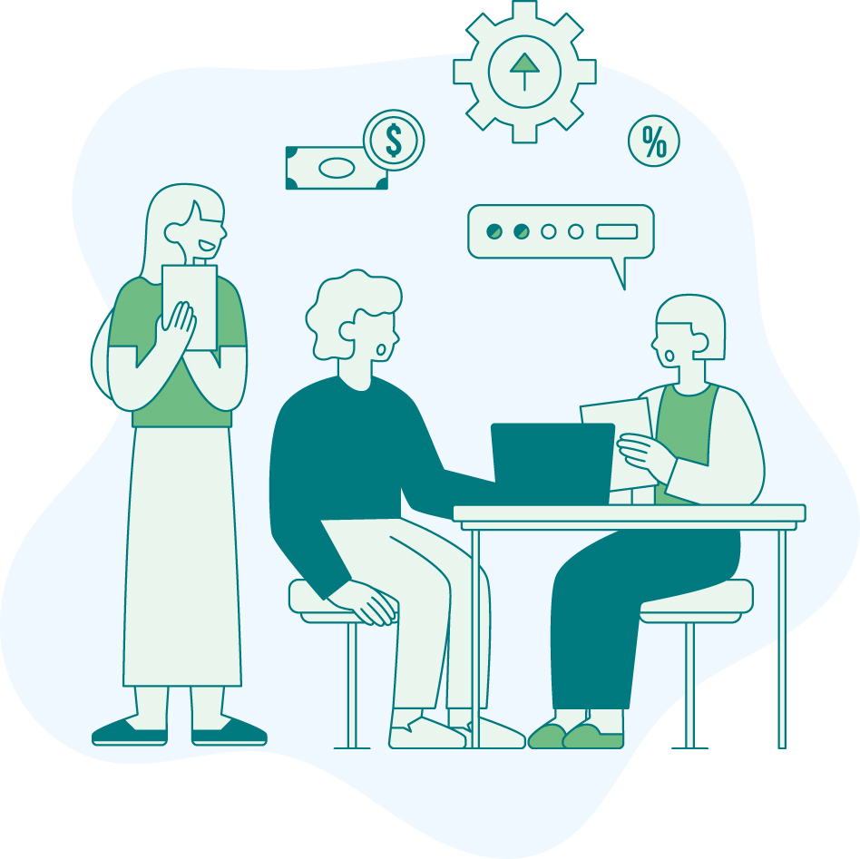 Illustration of three people having a discussion. Two are seated at a table with a laptop and papers, while the third stands nearby holding a notebook. Icons above them show money, a gear with an arrow, a percentage sign, and a chat bubble, symbolizing finance, growth, and communication.