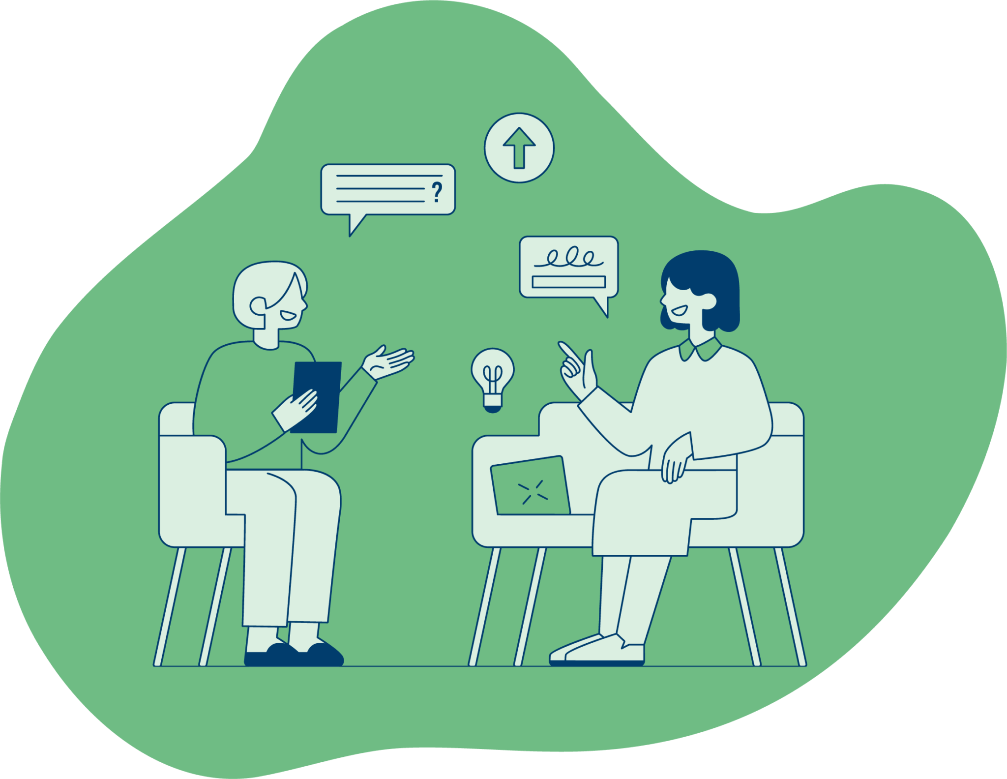 Illustration of two people sitting in chairs and having a conversation. One holds a tablet, while the other has a laptop on the table. Speech bubbles, an upward arrow, and a lightbulb icon above them symbolize communication, ideas, and growth.
