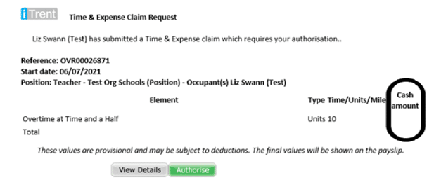Screenshot of the Time and Expense claim request workflow email when a claim errors
