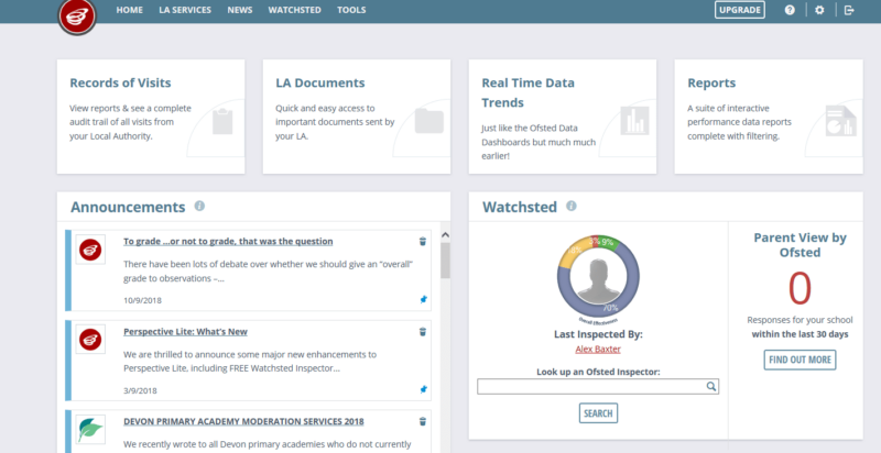 The homepage when logged into the Perspective Lite system, showing boxes for Records of visits, LA documents, Real time data trends, Reports, Announcements and Watchsted information 