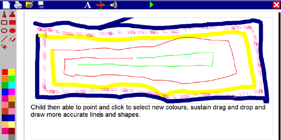 Child then able to point and click to select new colours, sustain drag and drop and draw more accurate lines and shapes.