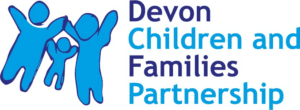 Image of two larger blue figures and a smaller blue figure with words Devon Children and Families Partnership to the right hand side