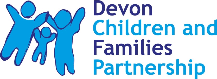 Image of two larger blue figures and a smaller blue figure with words Devon Children and Families Partnership to the right hand side