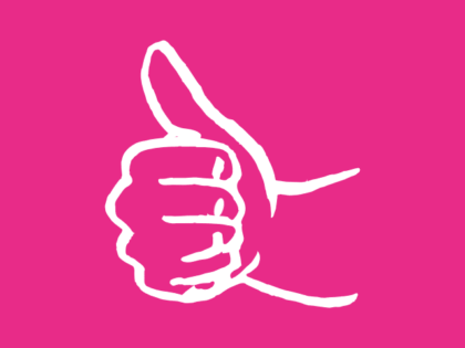 White thumbs up symbol on pink background