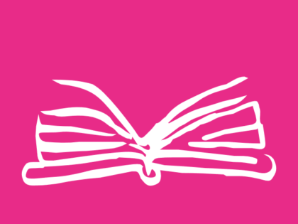White outline drawing of an open book on a bright pink background