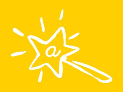White outline drawing of a star shaped wand with the @ symbol in the star on a bright yellow background