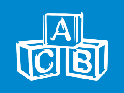 White outline drawing of children's building blocks with the letters A, B and C on one block each on a bright blue background