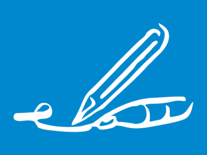 White outline drawing of a pen writing in an open book on a bright blue background