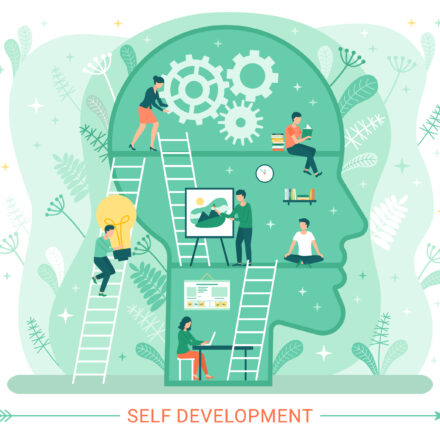 Graphic to reflect self-development. This image is of a sideways on human head with cogs in the brain section and people on ladders and doing activities such as painting and reading