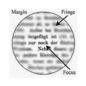 Circle with a black outline containing words, most are blurred out apart from the central words which are in focus. Labels for Margin of the circle, Fringe of the circle and Focus of the circle