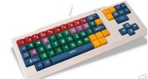 A white computer keyboard with different coloured keys